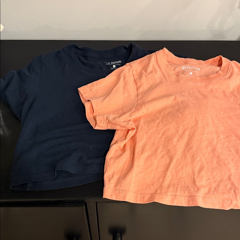 SET Active womens cotton Short Sleeve cropped tee in navy Blue and Light Orange